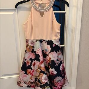 Rare Editions Pink Pearl-Trim Floral Fit & Flare Dress